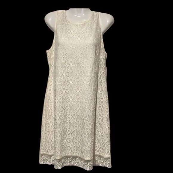 SLNY women's dress 14 lace overlay white lined sleeveless contrasting floral hem - Picture 1 of 9
